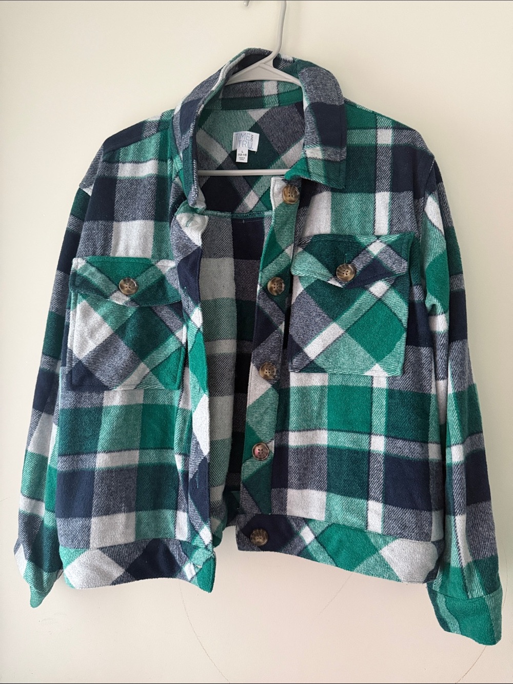 Time and Tru Green, Navy & White Plaid Button-Front Jacket